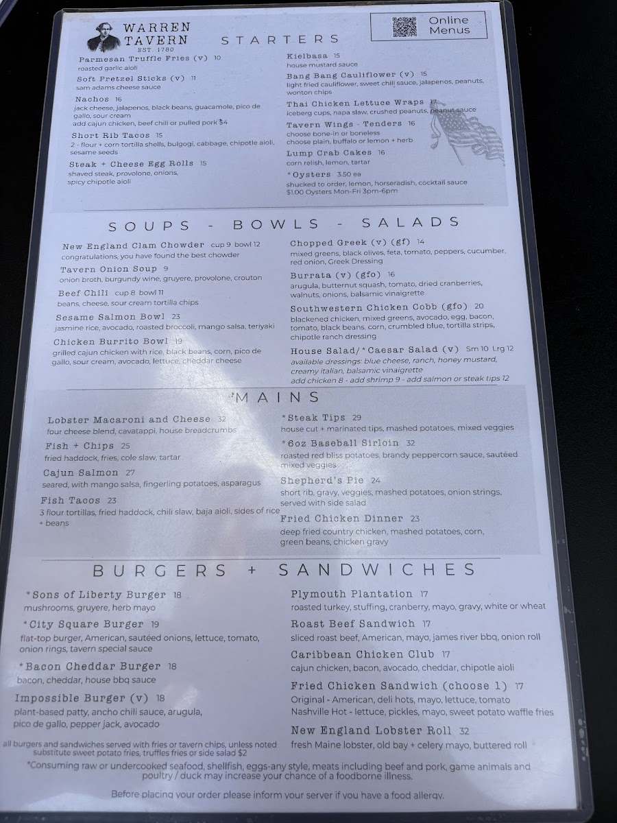 Warren Tavern Menu - Image 1